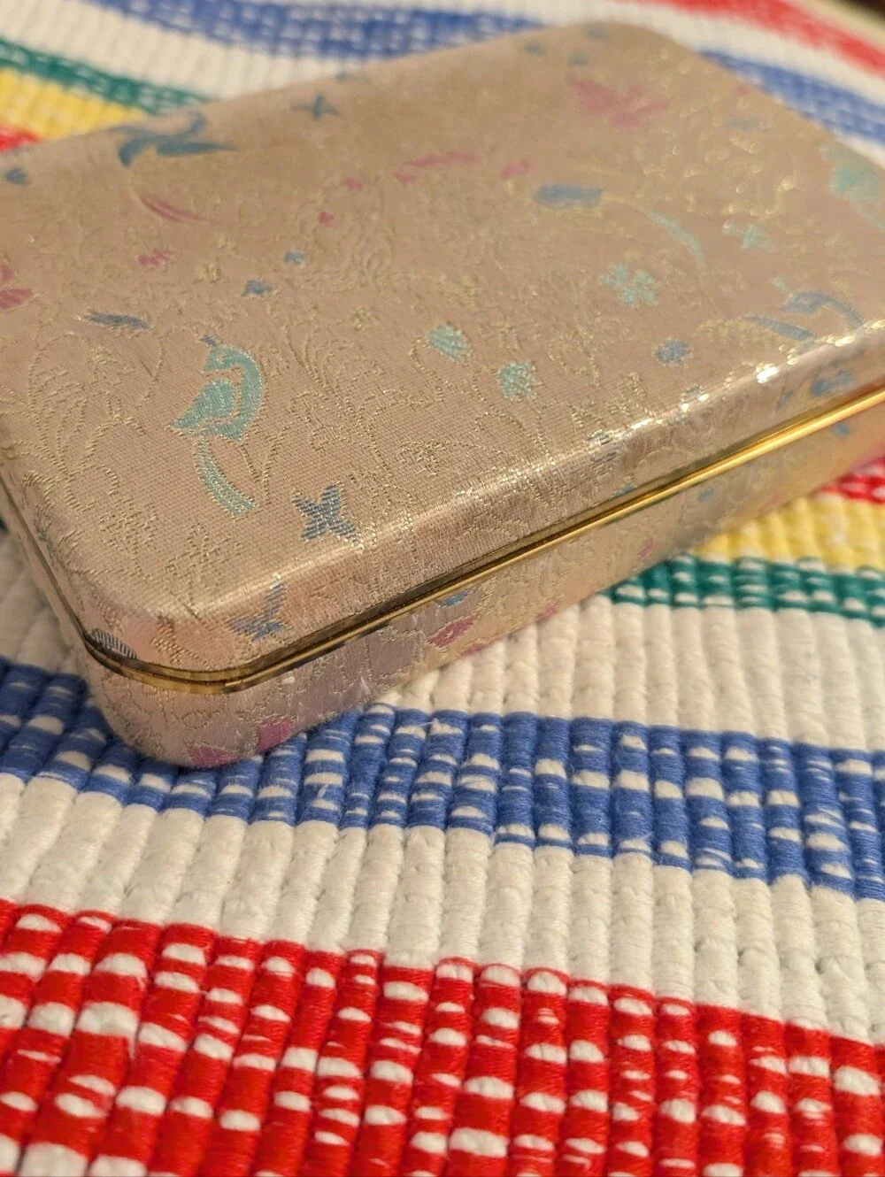 60s 70s Vintage Silk Brocade Travel Jewelry Box Birds Floral Motif Gold Trim